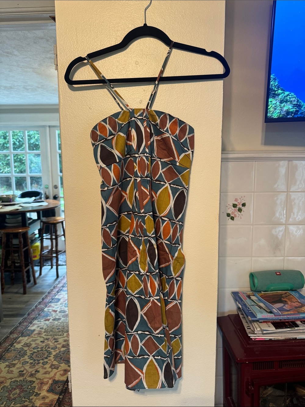 BCBGMaxAzria Geometric Strap Sundress in Teal, Brown & Mustard size Small